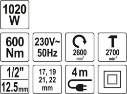 YATO KLUCZ ELEKTRYCZNY UDAROWY 1020W 1/2