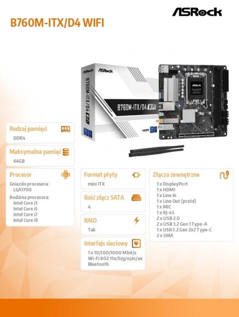 Płyta główna B760M-ITX D4 WIFI s1700 2DDR4 mITX M.2 USB-C