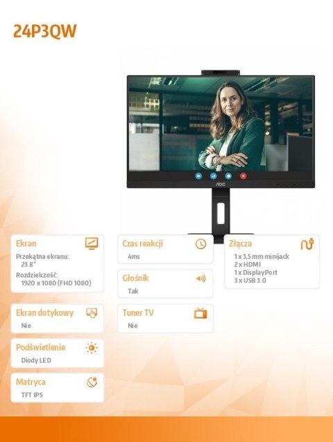 Monitor 24P3QW 23.8 cali IPS HDMIx2 DP Pivot Kamera
