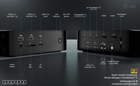 Stacja dokującaThunderbolt5 Quattro Display Docking Station 5x USB 2.5 GLan Power Delivery 140W