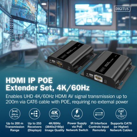 Przedłużacz (extender) po skrętce kat.6 HDMI 4K/60Hz przez IP 1G lub do 120m/200m z PoE, max. 253 odbiorniki, sterowanie IR - ze
