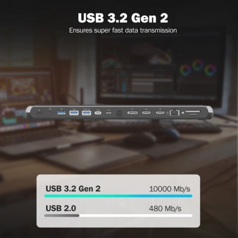 Stacja dokująca USB-C 12 portowa, max. 8K/30Hz z HDR, HDMI, DP, max. 3 monitory (MST), USB-C 3.2 Gen2, Gigabit Ethernet, SD/Micr