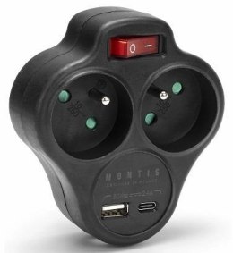 Rozgałęźnik sieciowy podwójny z wyłącznikiem + USB-A + USB-C MONTIS MT144-BK czarny