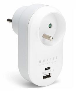 Rozgałęźnik sieciowy pojedynczy + USB-A + USB-C MONTIS MT147 biało-szary