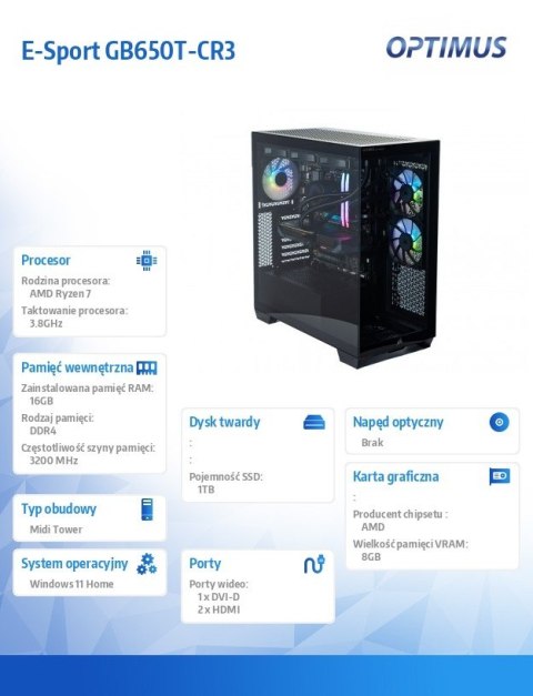 Komputer E-Sport GB550T-CR9 Ryzen 7 5800X/16GB/1TB/RX 9060 XT 8GB/W11H