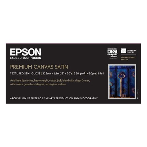 Epson 330/6.1/PremierArtt WaterResistant Canvas Satin Roll, satynowy, 13", C13S041845, 350 g/m2, papier, 330mmx 6.1m, biały, do 