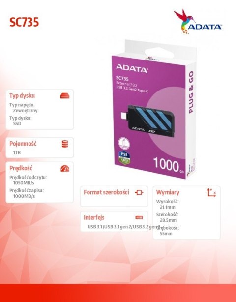 Dysk SSD External SC735 1TB U3.2C 1000/1000MB/s Blue