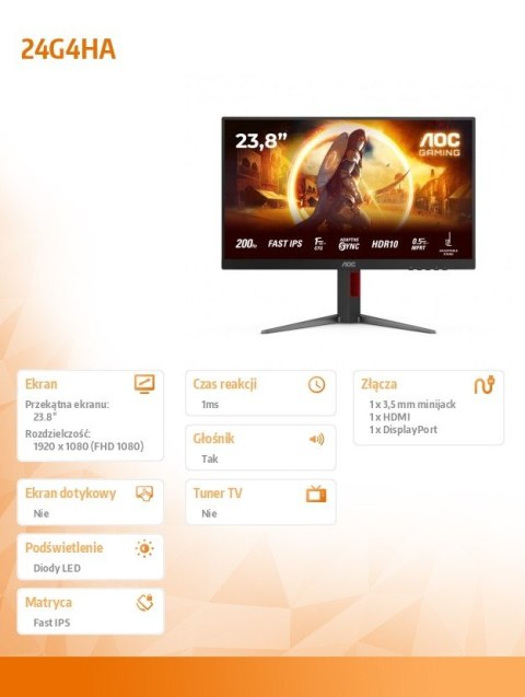 Monitor 24G4HA 23.8 cala Fast IPS 200Hz HDMIx2 DP Pivot Głośniki