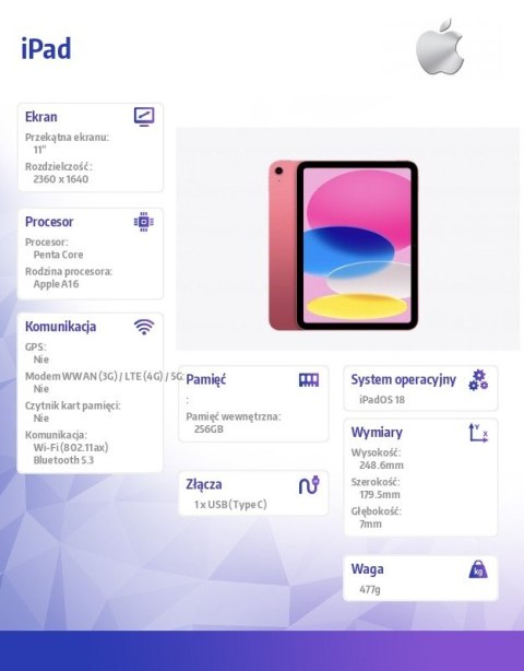 IPad WiFi 11 cali 256GB Różowy