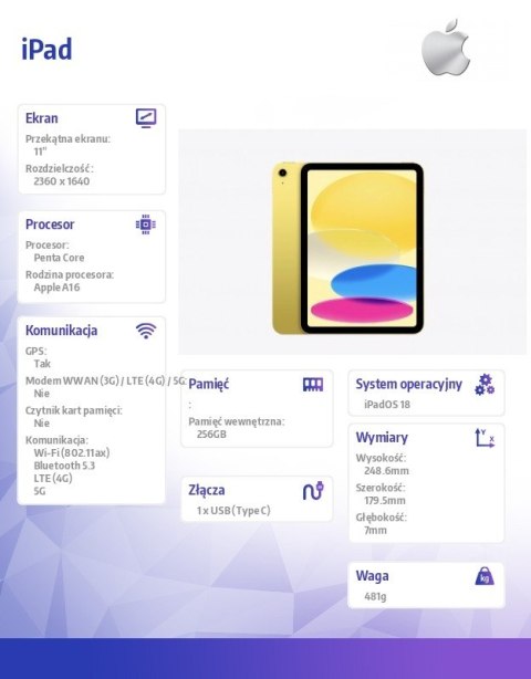 IPad WiFi + Cellular 11 cali 256 GB Żółty