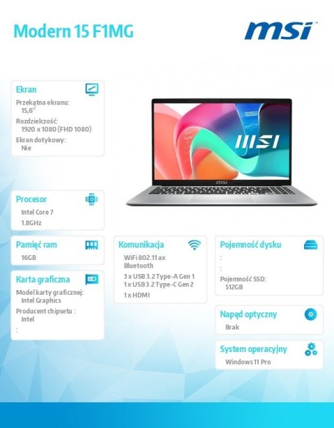 Notebook Modern 15 F1MG-663PL WIN11PRO/IC7-150U/16GB/512SSD/Int/15.6''/3Y