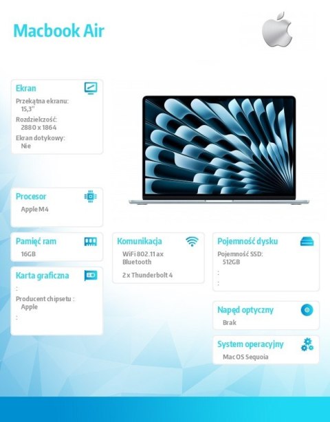 MacBook Air 15.3 cala: M4 10/10, 16GB, 512GB - Błękitny