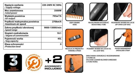 ODKURZACZ OGRODOWY 3500W WOREK 45L