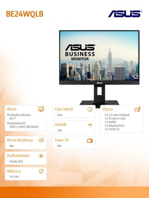 Monitor 24.1 cala BE24WQLB 16:10 IPS 100% sRGB 300cd/m2 1000:1 HDMI D-SUB DP PIVOT Głośnik 5Y