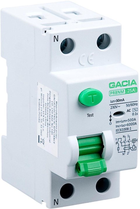 Wyłącznik różnicowoprądowy 25A, 30mA, 2P, typ A GACIA PR8NM 2P 25A 30MA A