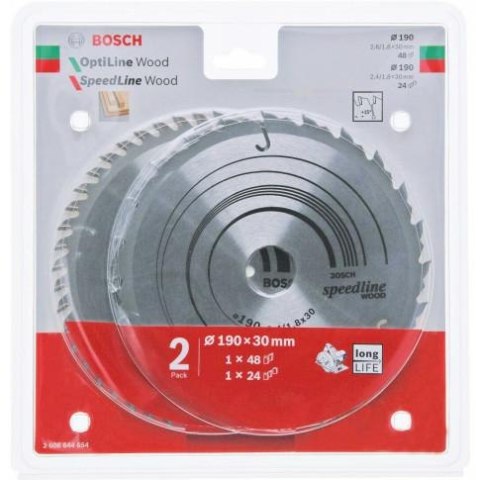 BOSCH PIŁA TARCZOWA DWUPAK OPTILINE WOOD 190x2,6/1,6x30x48z + SPEEDLINE WOOD 190x2,4/1,8x30x24z