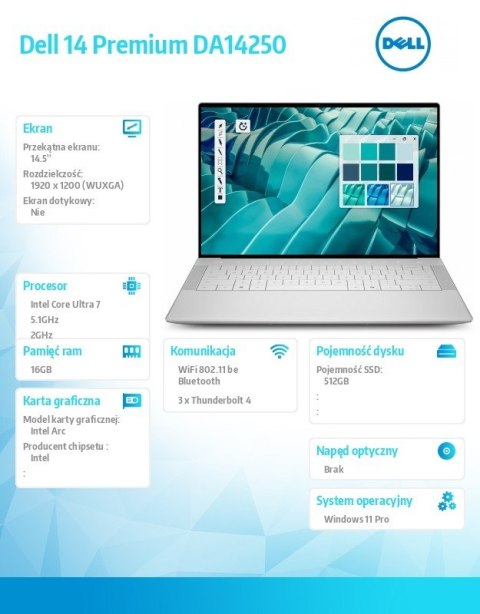 Laptop Dell 14 Premium DA14250 Win11Pro U7-255H|16GB|512GB SSD|Intel Arc |WLAN + BT|14.5" FHD|Backlit Kb|6 Cell|60W