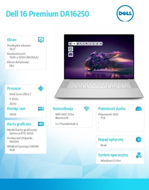 Laptop Dell 16 Premium DA16250 Win11Pro U7-255H|16GB|1TB SSD|NVIDIA GeForce RTX 5050, 8GB GDDR7| WLAN + BT|16.3 FHD|Backlit Kb|6