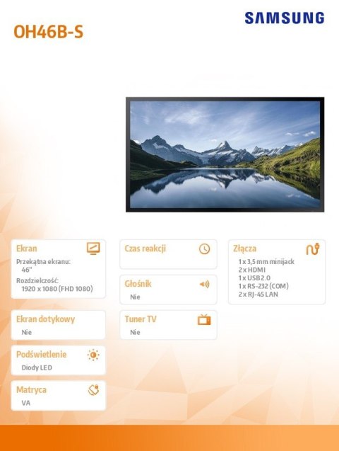 Monitor profesjonalny OH46B-S 46 cali Błyszczący 24h/7 3500(cd/m2) 3840x2160 (UHD) S7 Player (Tizen 6.5) 3 lata On-Site (LH46OHB