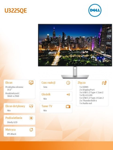 Monitor U3225QE 31,5 cala IPS Black LED 4K(3840x2160)/16:9/Thunderbolt/HDMI/DP/USB-C/USB/RJ-45/3Y