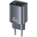Ładowarka sieciowa T66 45W CC290 GaN Fast charge 1xUSB-A 1xUSB-C srebrny