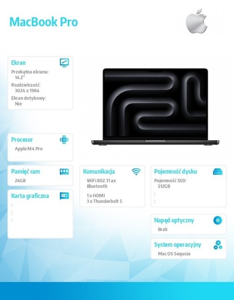MacBook Pro 14.2 cali: M4 Pro 12/16, 24GB, 512GB SSD - Gwiezdna czerń