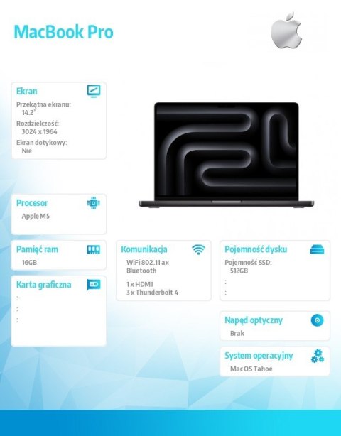 MacBook 14.2 cala: M5 10C/10C, 16GB, 512GB SSD - Gwiezdna czerń