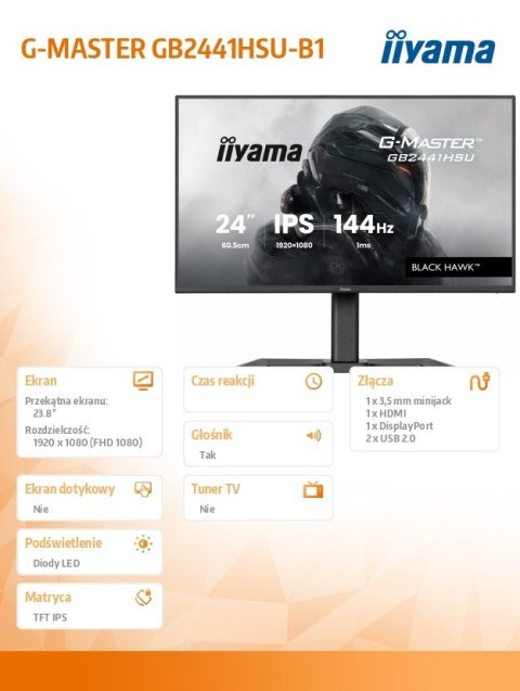 Monitor 23,8 cala GB2441HSU-B1 IPS,FHD,144Hz,1ms,2xUSB,350cd,HDMI,DP,HAS (150) PIVOT