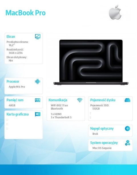 MacBook Pro 16.2 cali: M4 Pro 14/20, 48GB, 512GB SSD - Gwiezdna czerń