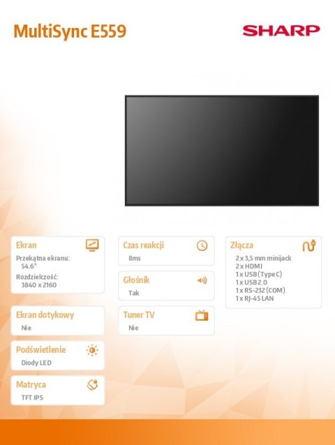 Monitor wielkoformatowy MultiSync E559 55 cali UHD 16/7 350cd/m2