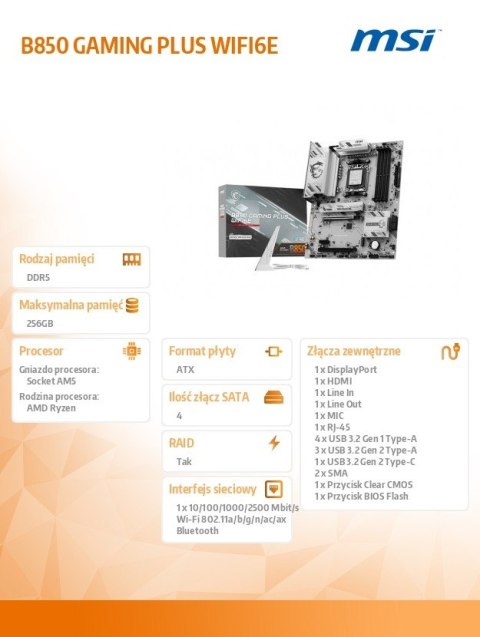 Płyta główna B850 GAMING PLUS WIFI6E AM5 4DDR5 ATX