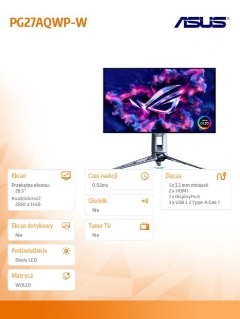 Monitor 26.5 cala PG27AQWP-W OLED 540Hz 0.03 HDMI DP