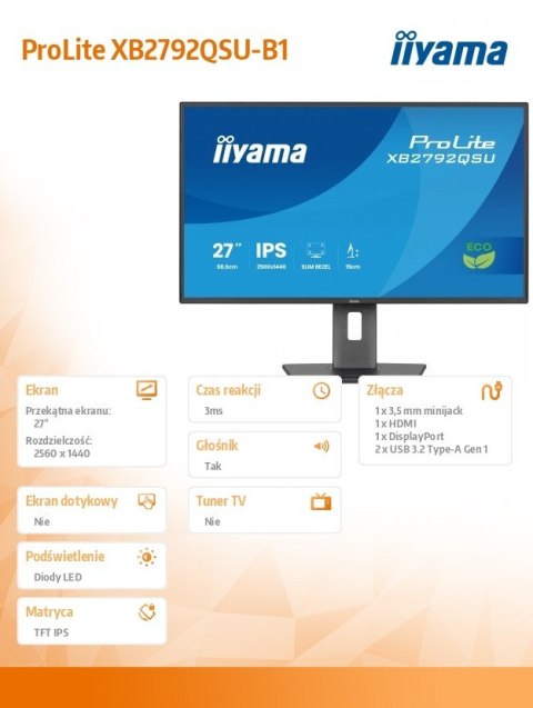 Monitor 27 cali XB2792QSU-B1 IPS,QHD, HAS (150) PIVOT, 120Hz,HDMI,DP, 350cd,1500:1, cienkie ramki, 2xUSB 3.2, ErP