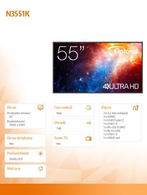 Monitor wielkoformatowy 55 cali N3551K matowy 24h/7,450cd/m2,USB-C,4K UHD (3840 x 2160),Android 11,Wifi+BT,OMS kod producenta 