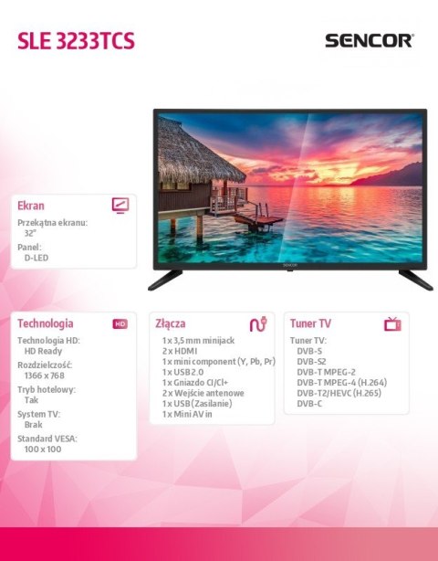 Telewizor 32 cale D-LED SLE 3233TCS DVB-T/T2/C/S/S2 Ci+ HEVC