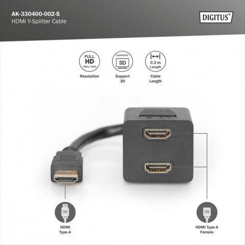 Kabel rozdzielacz/splitter HDMI HighSpeed 1080p 24Hz FHD Typ HDMI A/2xHDMI A M/Ż 0,2m Czarny