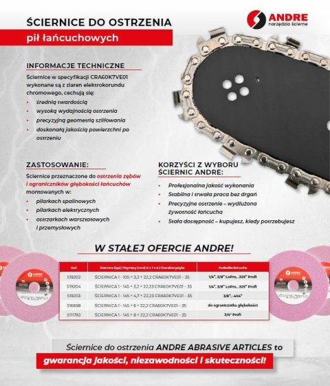 ANDRE ŚCIERNICA DO OSTRZENIA ŁAŃCUCHÓW 145 x 8,0 x 22,2mm CRA60K7VE01 - 35