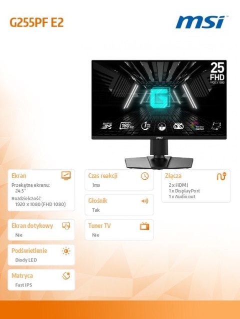 Monitor G255PF E2 24,5 cala LED/FHD/Flat/180Hz/Black