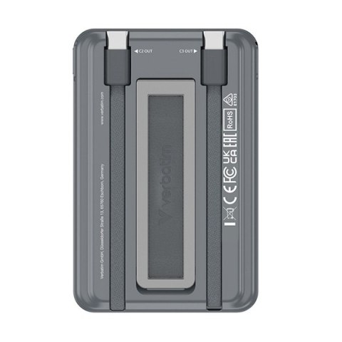 Verbatim, Powerbank Charge ,n, Go z dwoma kablami, 5V, ładowanie telefonu, 32251, 5 000mAh, Mocowanie magnetyczne, szara