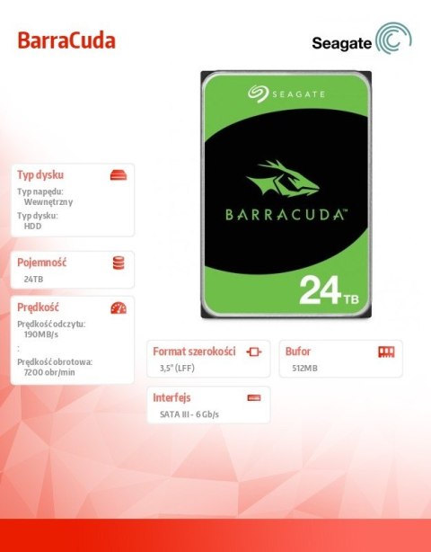 Dysk twardy BarraCuda 24TB 3.5 cala ST24000DM001