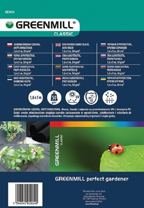 GREENMILL AGROWŁÓKNINA 1,6 x 5m 50g/m2 ANTYCHWASTOWA CZARNA