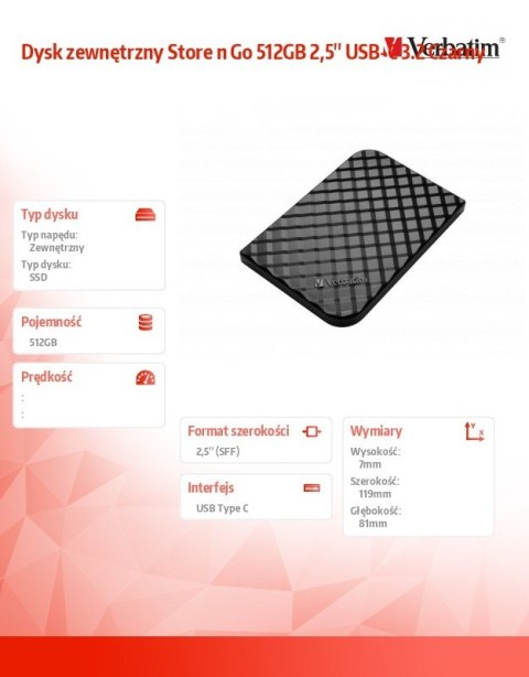 Dysk zewnętrzny Store n Go 512GB 2,5'' USB-C 3.2 Czarny