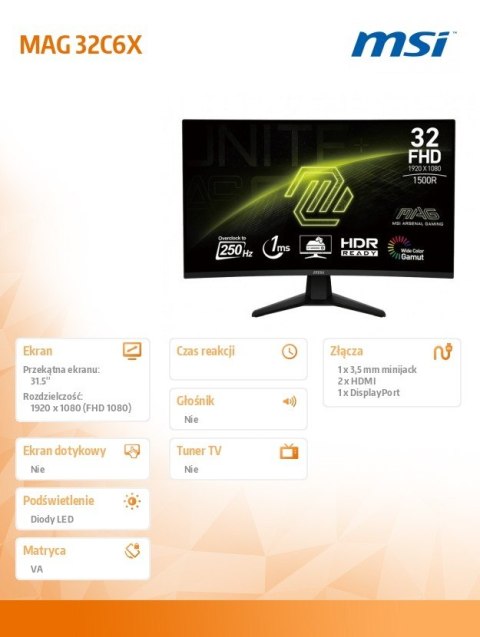 Monitor 31.5 cala MAG 32C6X LED/FHD/Curved/250Hz/czarny